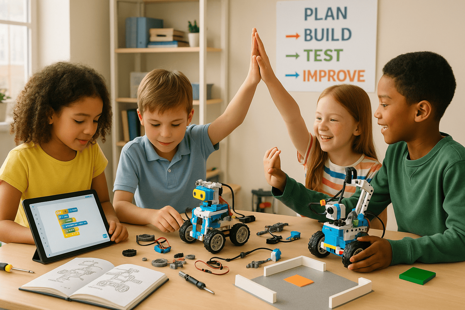 Kids in robotics classes building programmable robots and developing problem solving skills