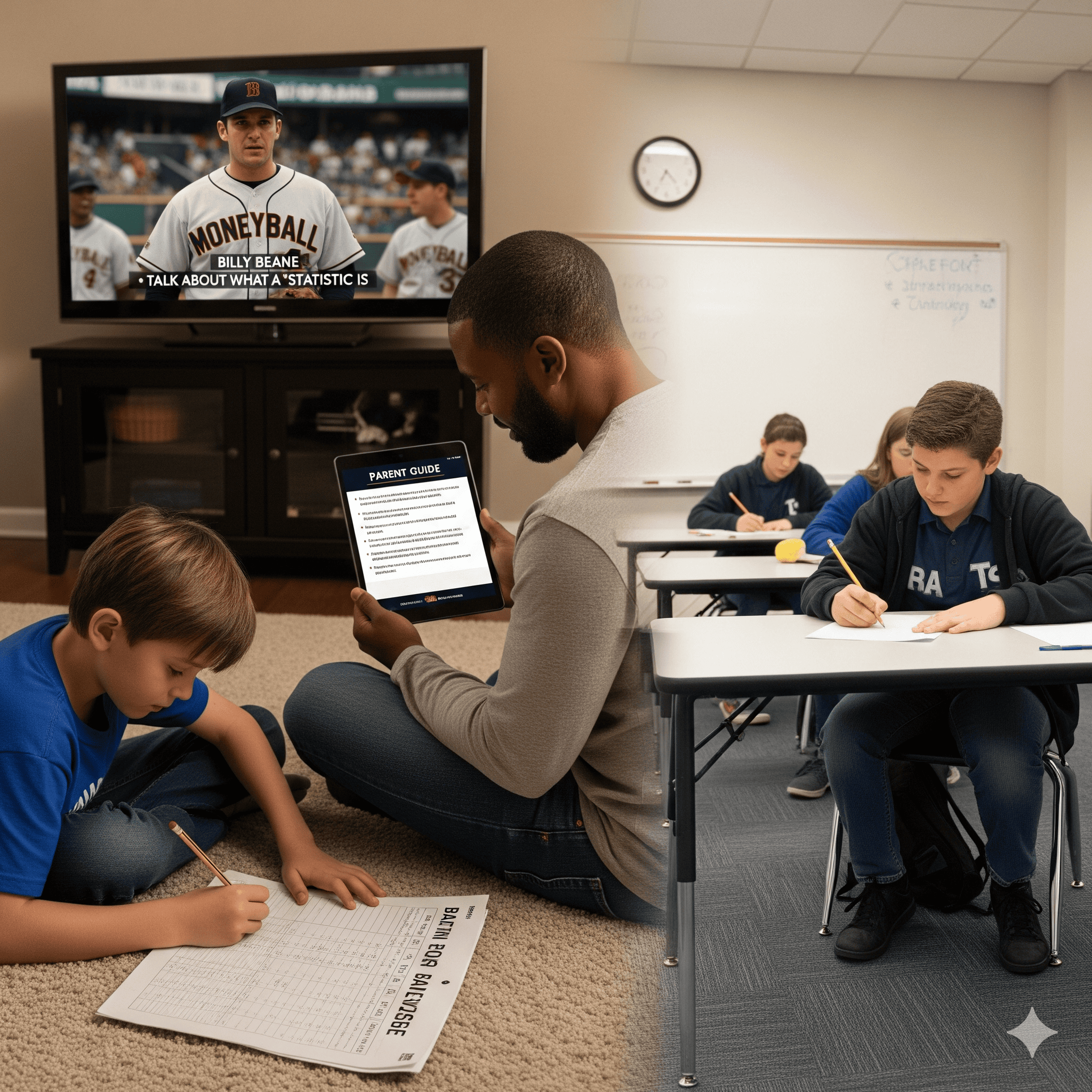 Young son learns math concepts from film with teacher using guides, showing math in everyday life