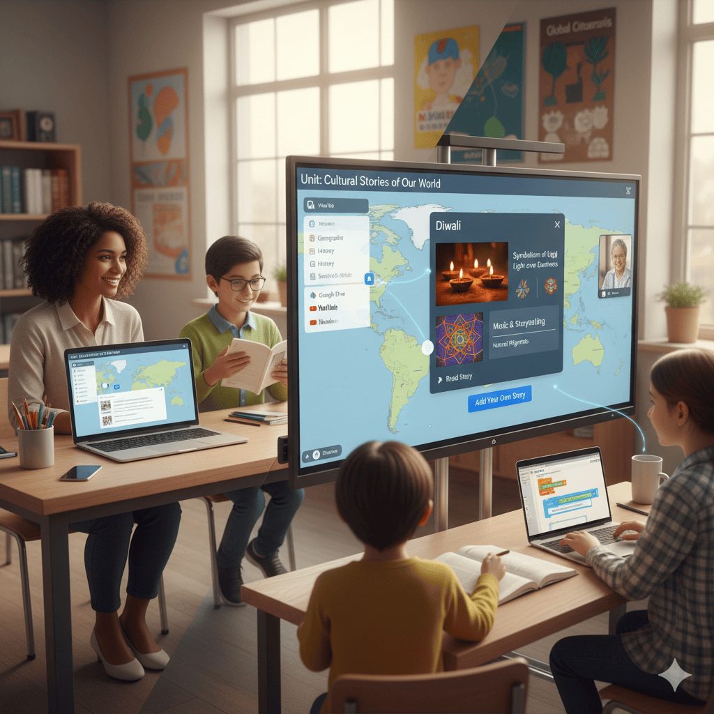 An educator supports students, who are using computers to learn about global cultures