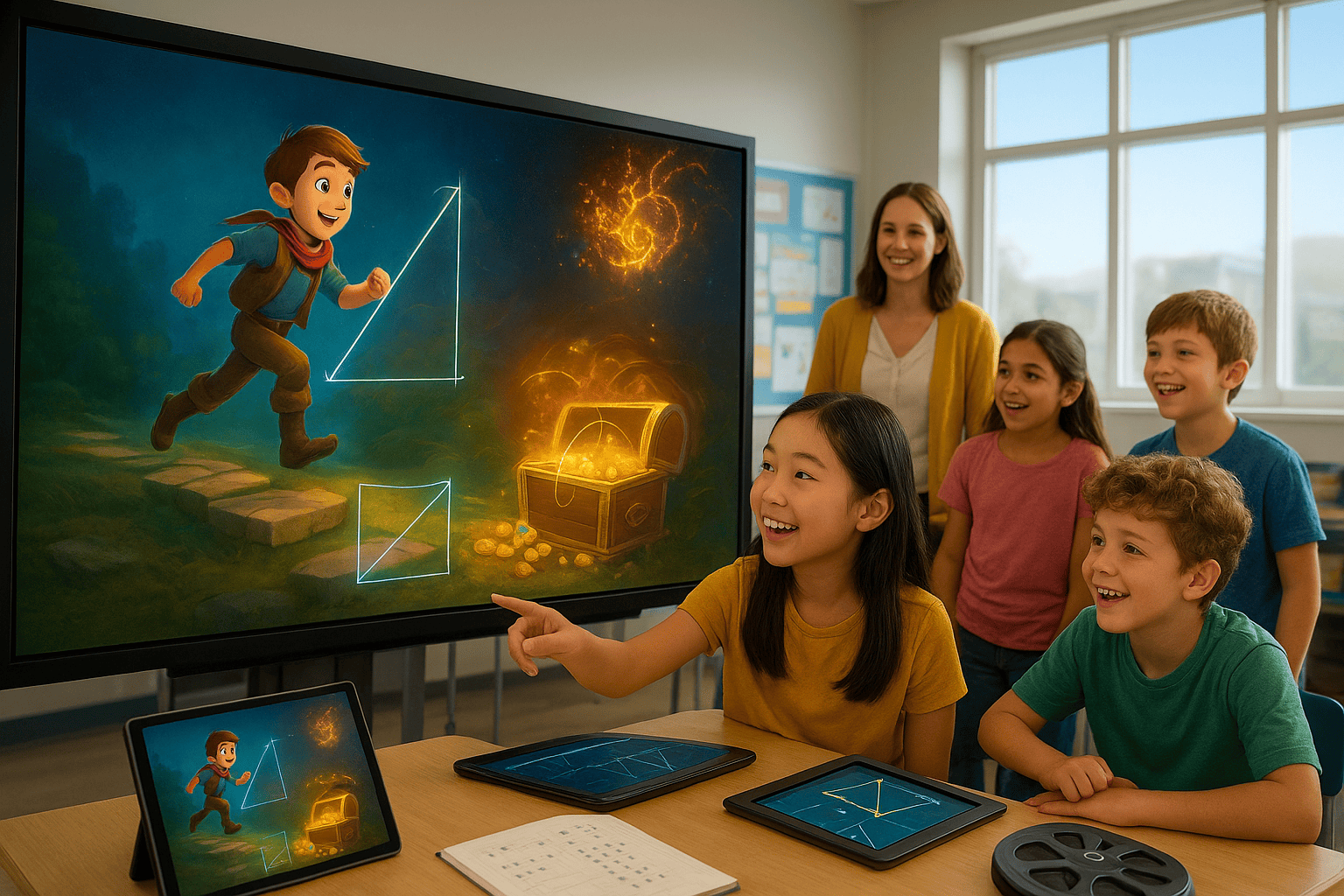 Students in a classroom enjoy movie based math lessons, discovering mathematical ideas across age groups.