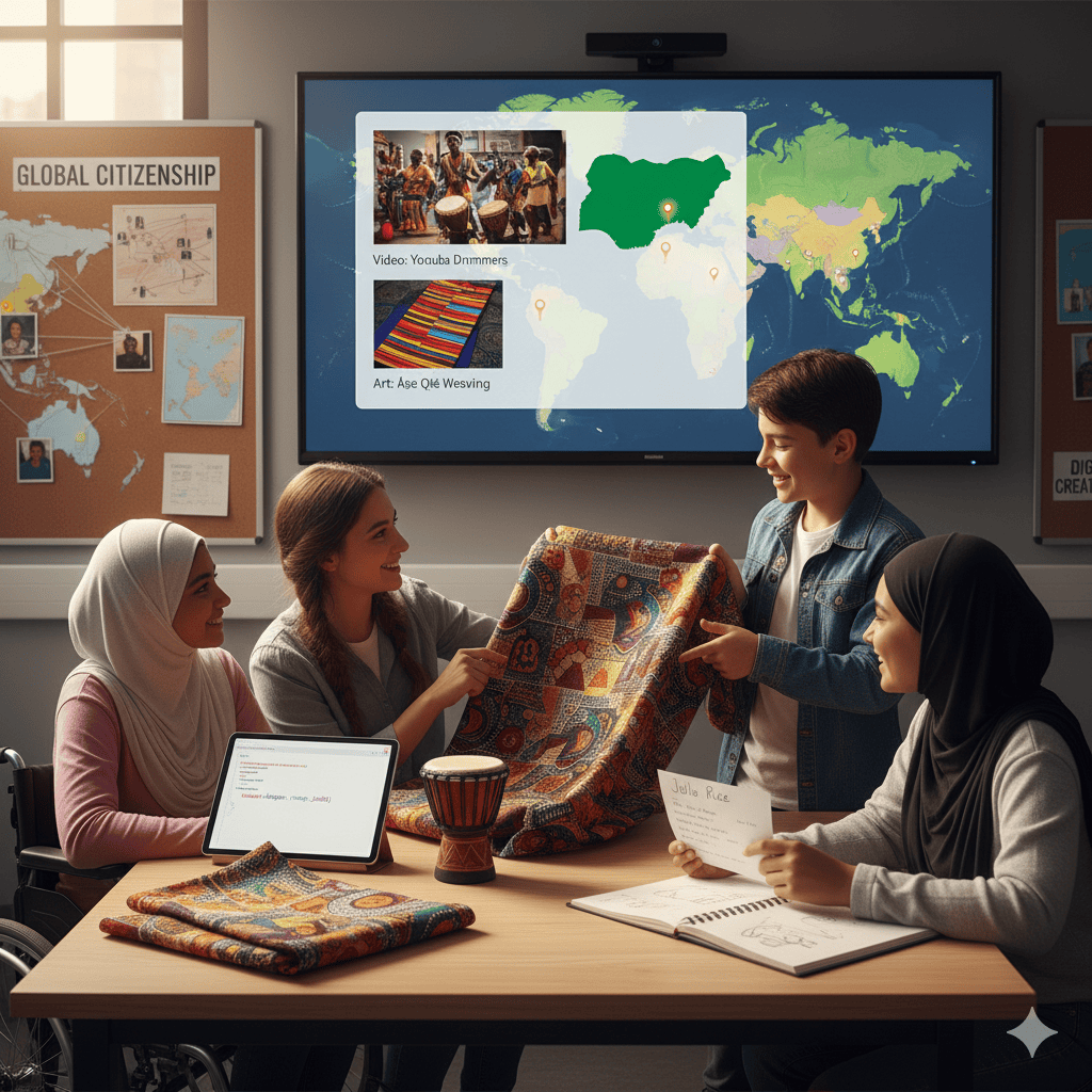 A person uses computer science to write code, while another uses technology to learn about culture