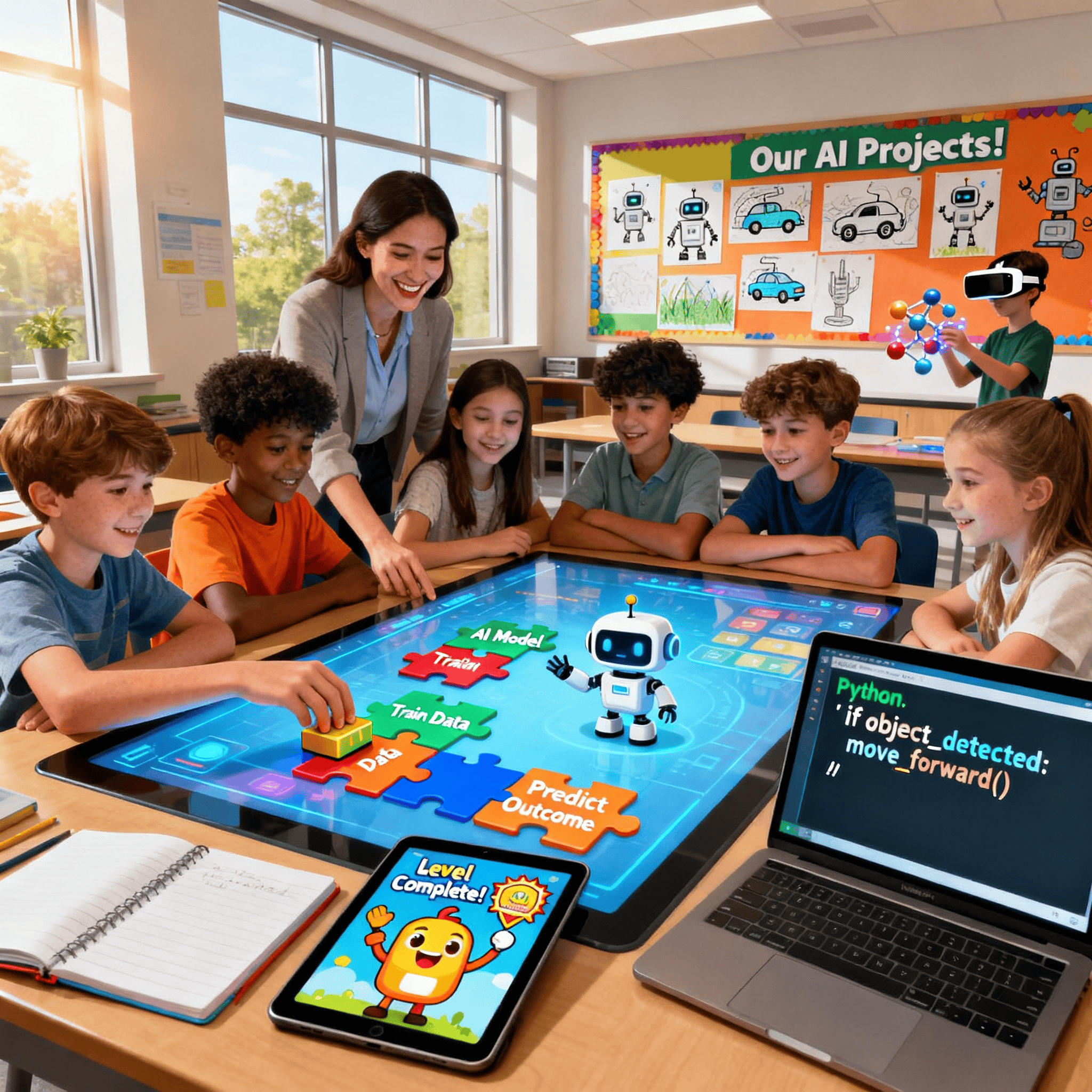 Teachers support kids with computer science challenges, coding games, and creative problem solving