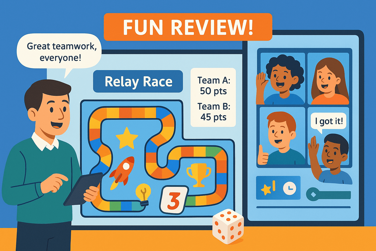 virtual classroom scene with teacher, students, and colorful interactive online board game for learning