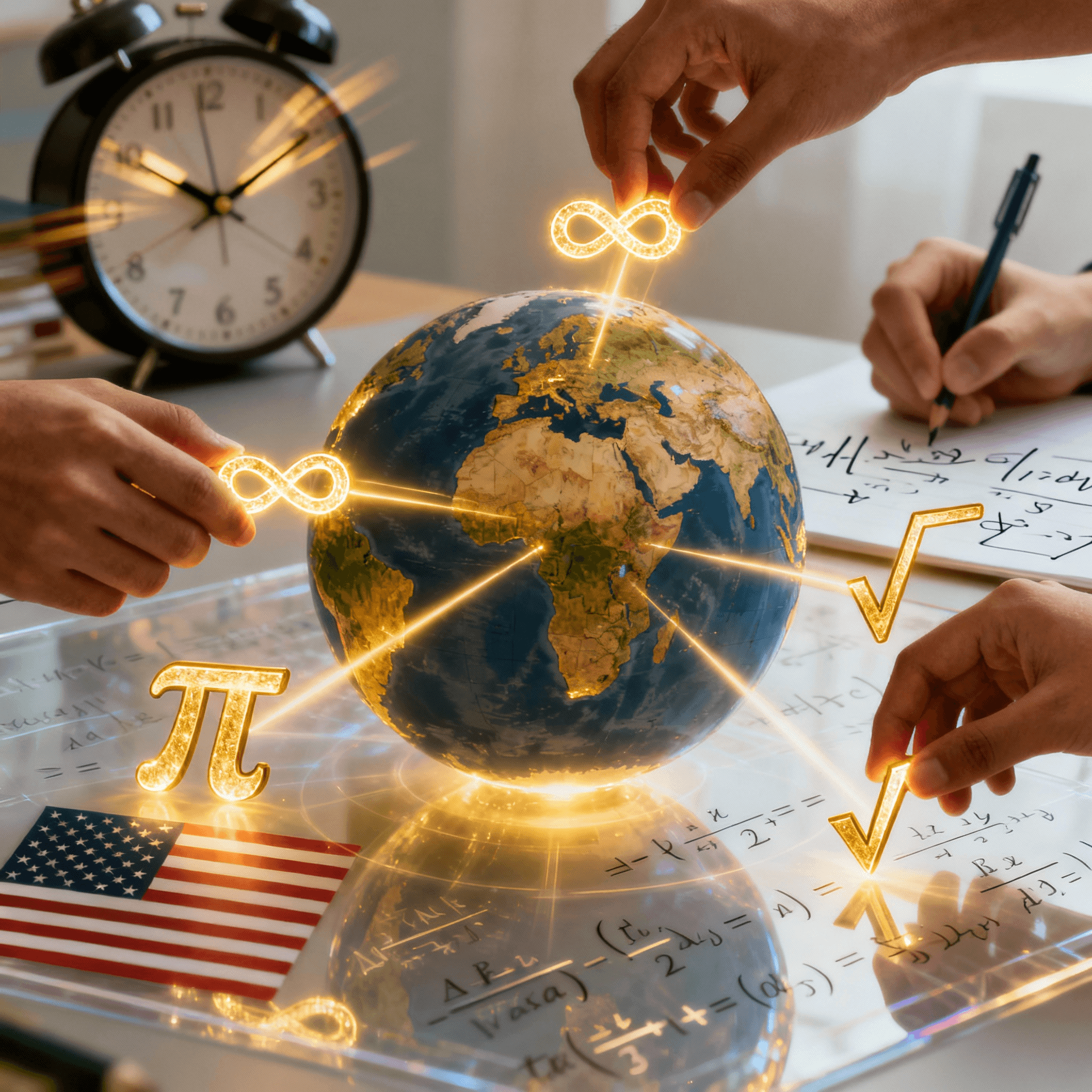 Globe with hands placing glowing infinity symbols, pi symbol, square root. Common math symbols for universal concepts