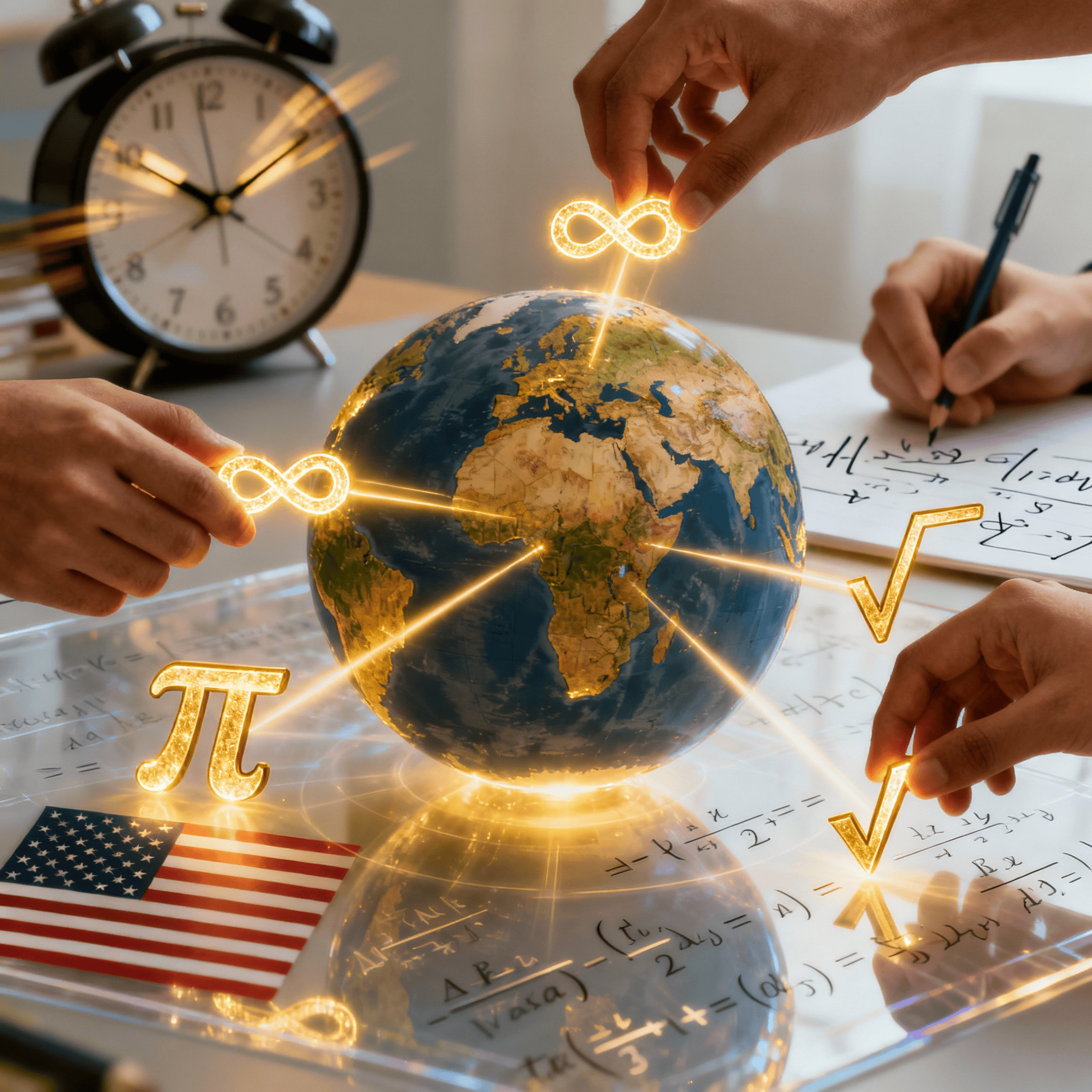 Globe with hands placing glowing infinity symbols, pi symbol, square root. Common math symbols for universal concepts