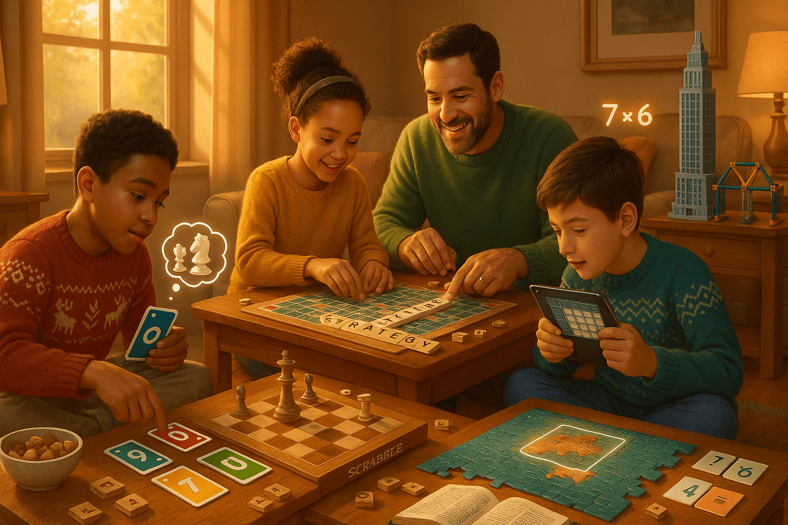 kids playing games like chess and UNO along with their parents