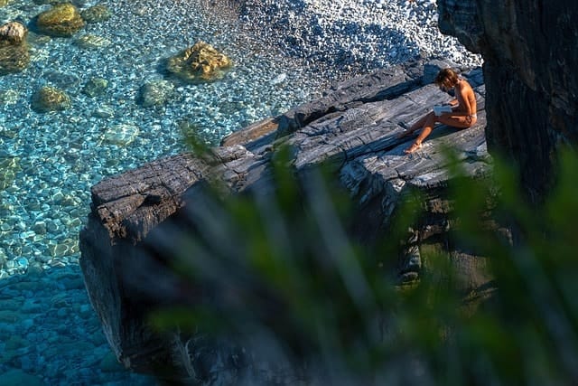 woman, nature, read, book, rock, beach, reading, literature, sea, water, novel, learning, romantic, bikini, single