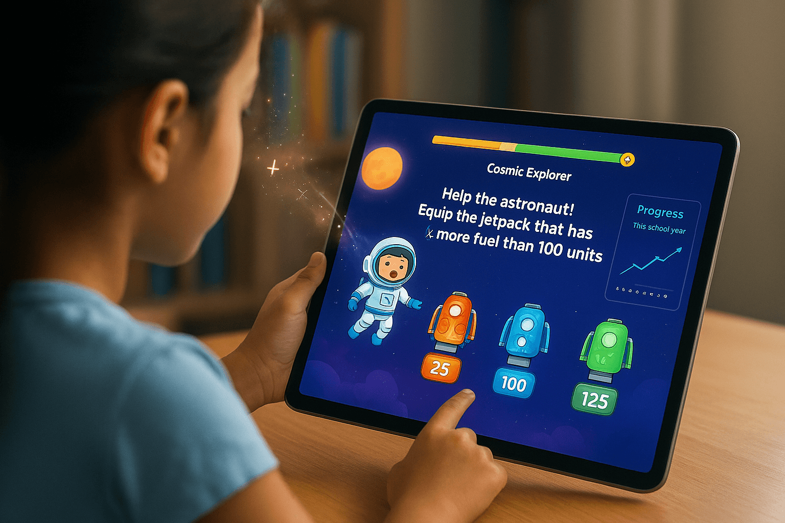 Child plays fun math games online, practicing math facts and skills for better math scores and school progress