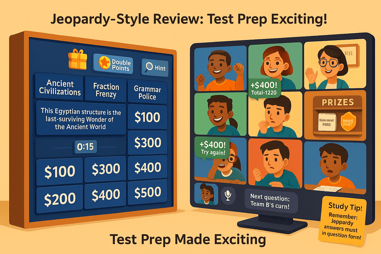 Online classroom quiz with colorful avatars, bonus points, and real-time scoreboard for active learning