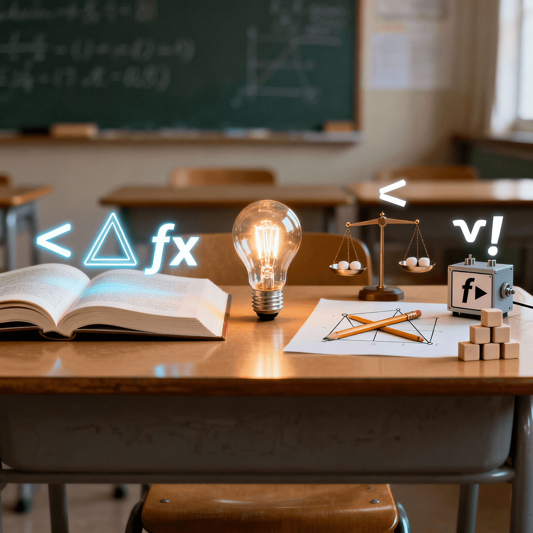 Classroom desk with a lightbulb and glowing math symbols: f x, less than. Common math symbols