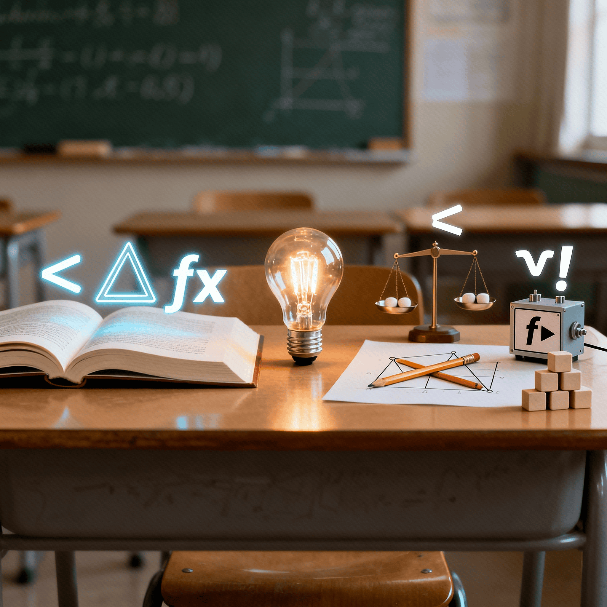 Classroom desk with a lightbulb and glowing math symbols: f x, less than. Common math symbols