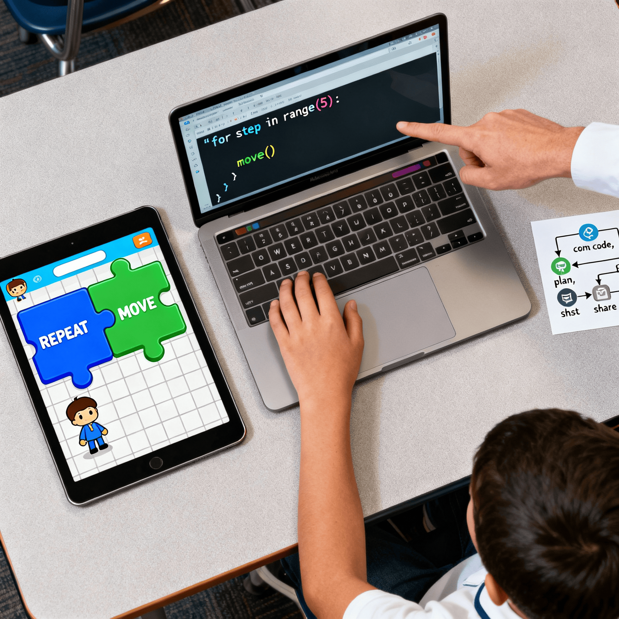 Frustrated student with book; student with teacher using coding games on tablet. Success in learning coding