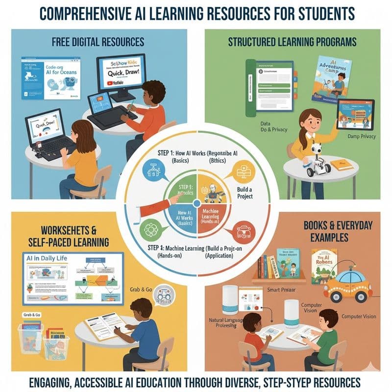 Teens build problem solving skills at a balanced AI learning desk, using AI tools, clear data privacy rules, and hands on projects