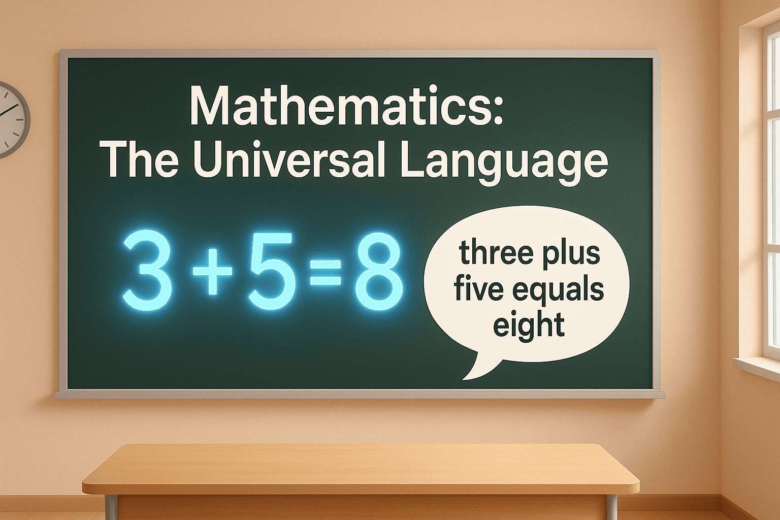 Mathematics: The Universal Language, Basic math symbols 3+5=8 and three plus five equals eight