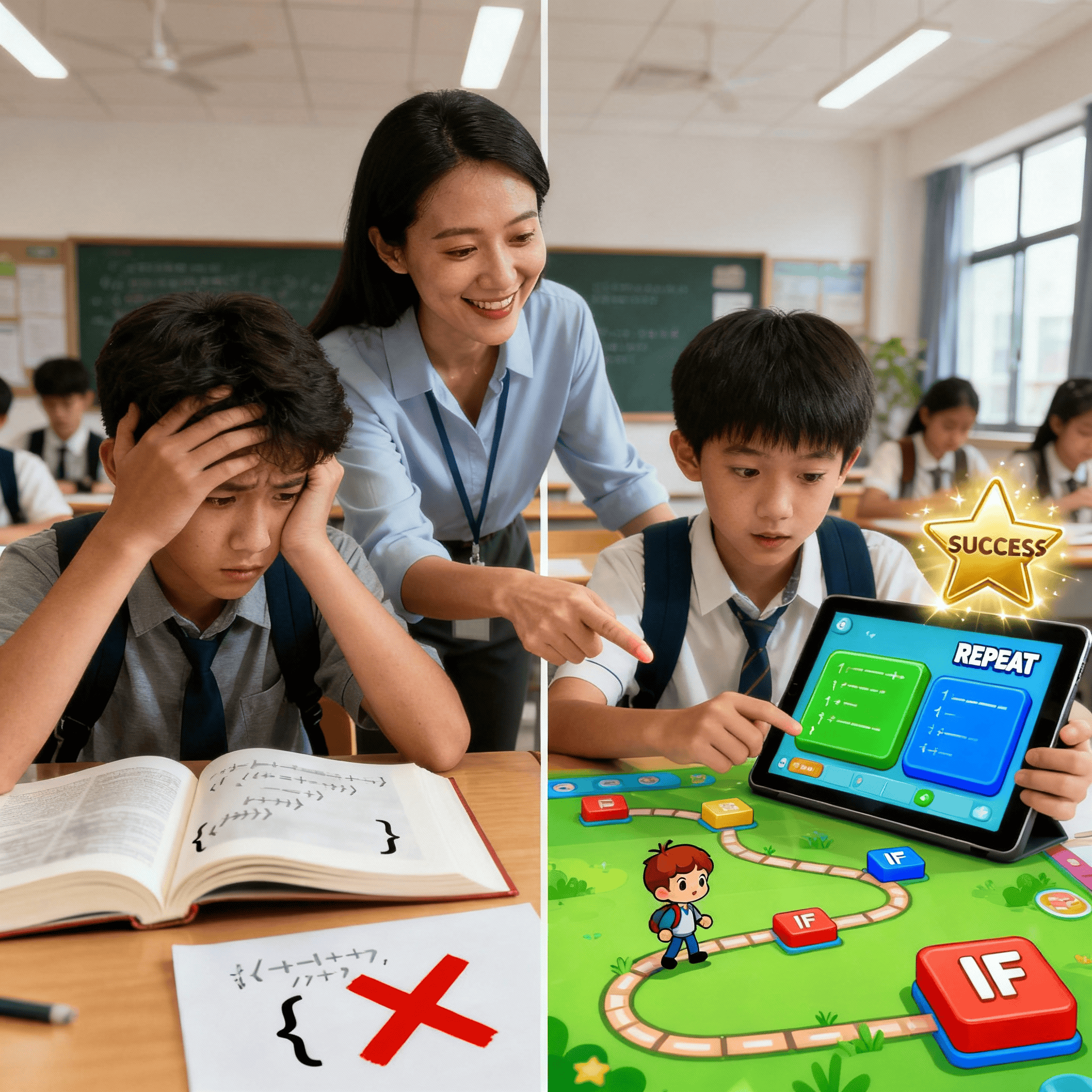 Students in classroom learn coding skills. Teachers give support