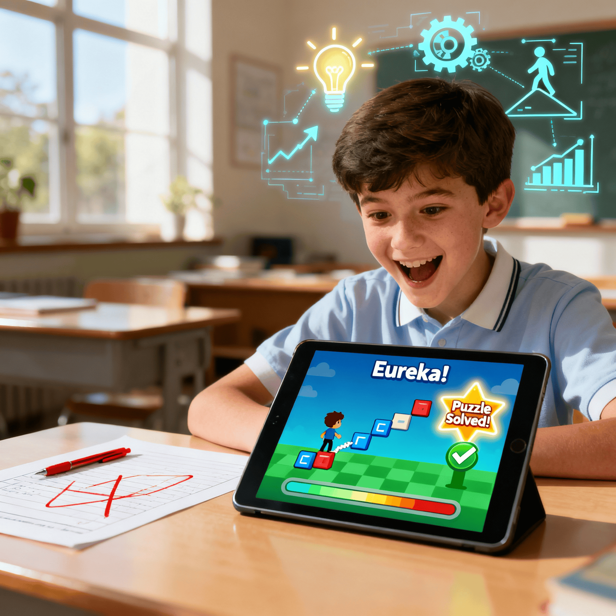 Student with eureka moment after solving a puzzle in a coding game. Visualizing problem-solving skills & progress