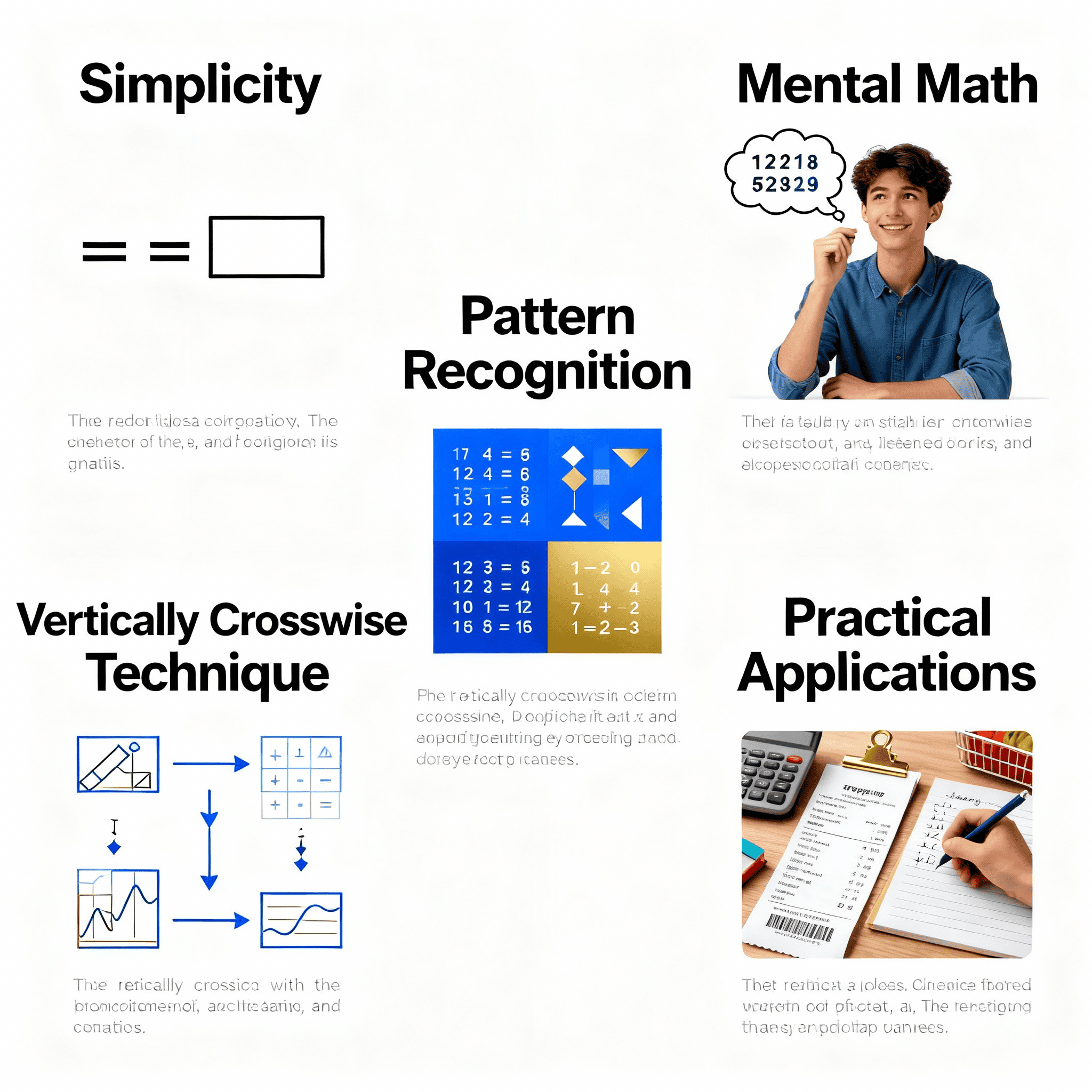 Vedic mathematics techniques: pattern recognition, vertically crosswise, mental math for calculation speed, problem solving