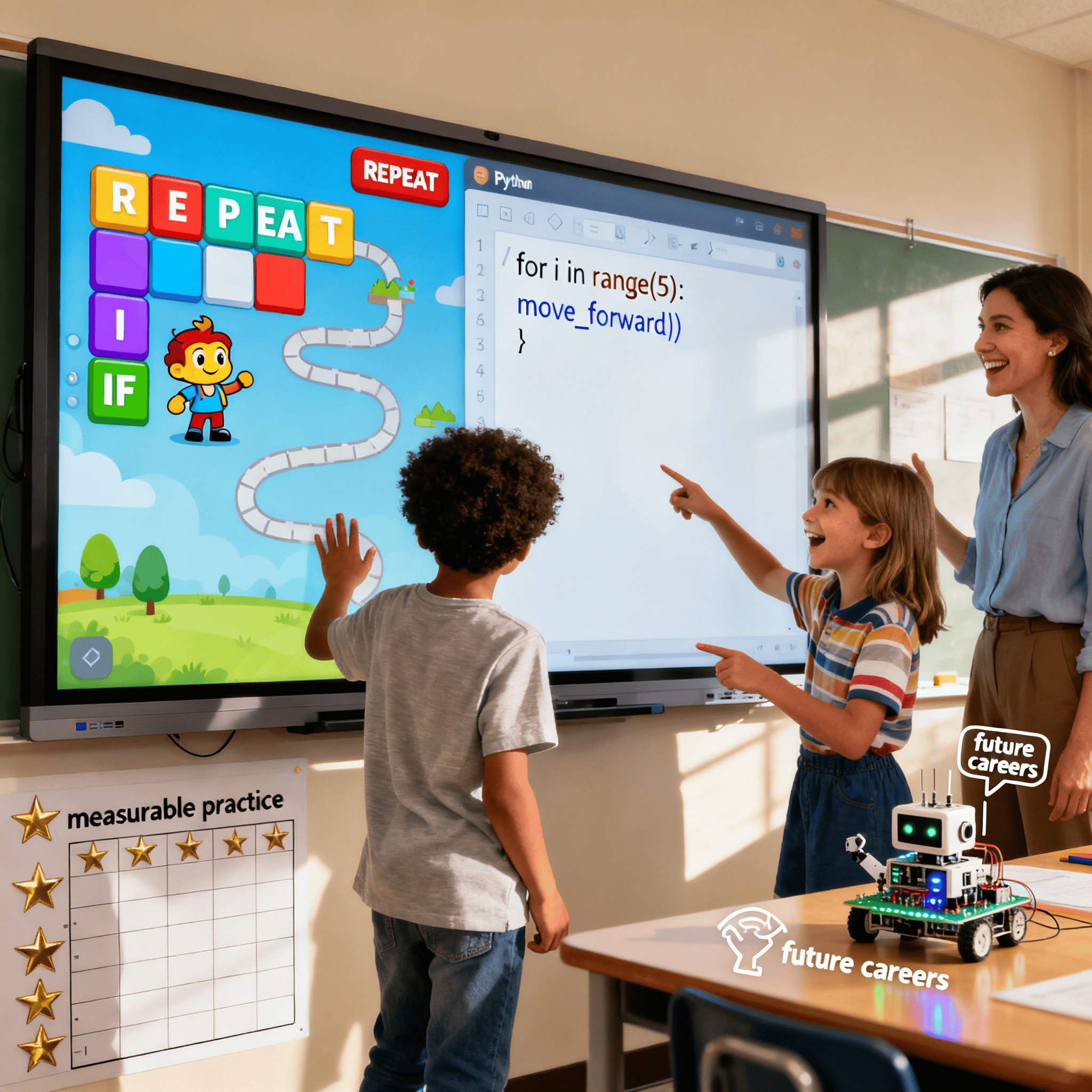 Teacher and student look at Python code on a laptop and blocks on a tablet