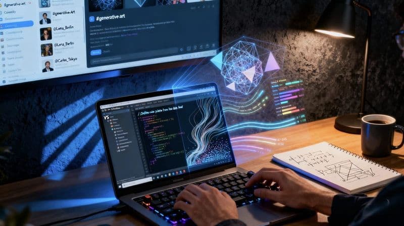 Creative coding hands on laptop with generative art, holographic data, global coders UI