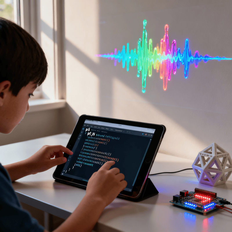 Code creates live sound art with p5.js, 3D print, and interactive LED sculpture