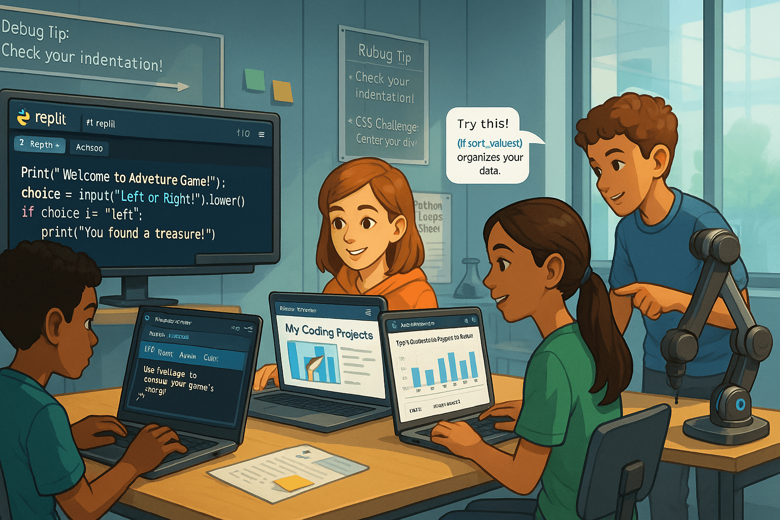Middle school students coding a Python adventure game in Replit, with code editor and debugging tips on screen