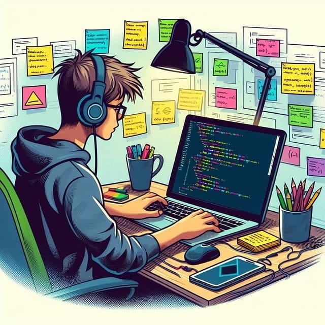 ai generated student doing  coding in his laptop under the lamp