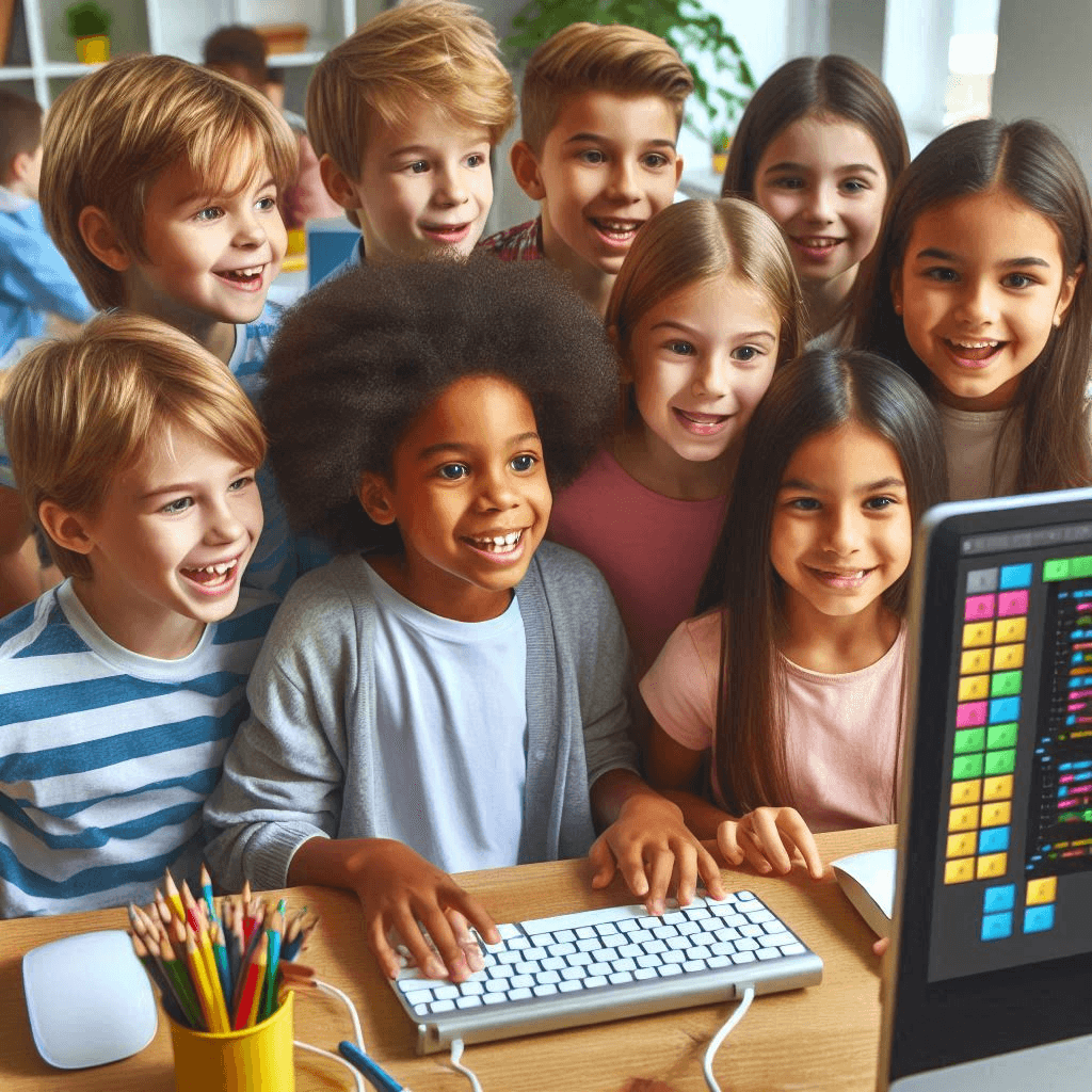 group of kids learning together on a single computer