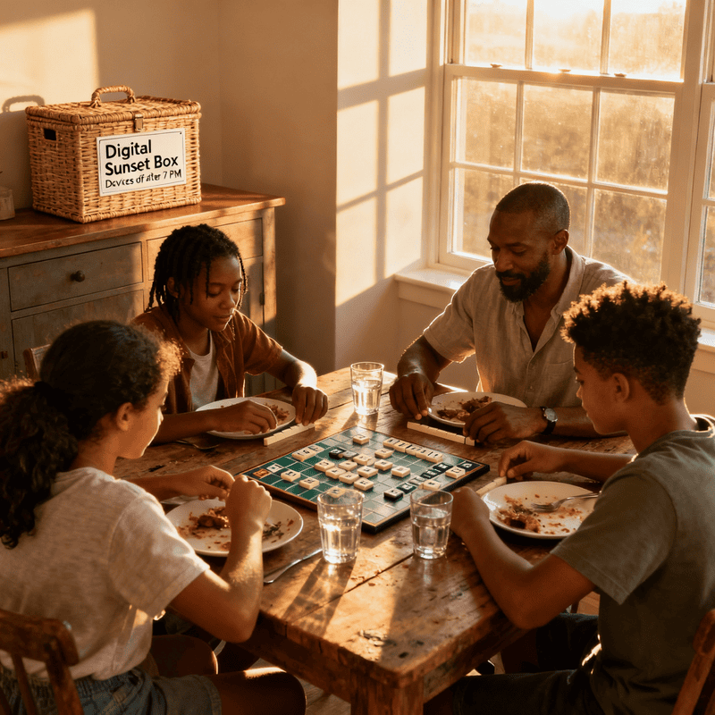 Family plays board game in tech-free zone, practicing tips for limiting screen time for kids after online classes