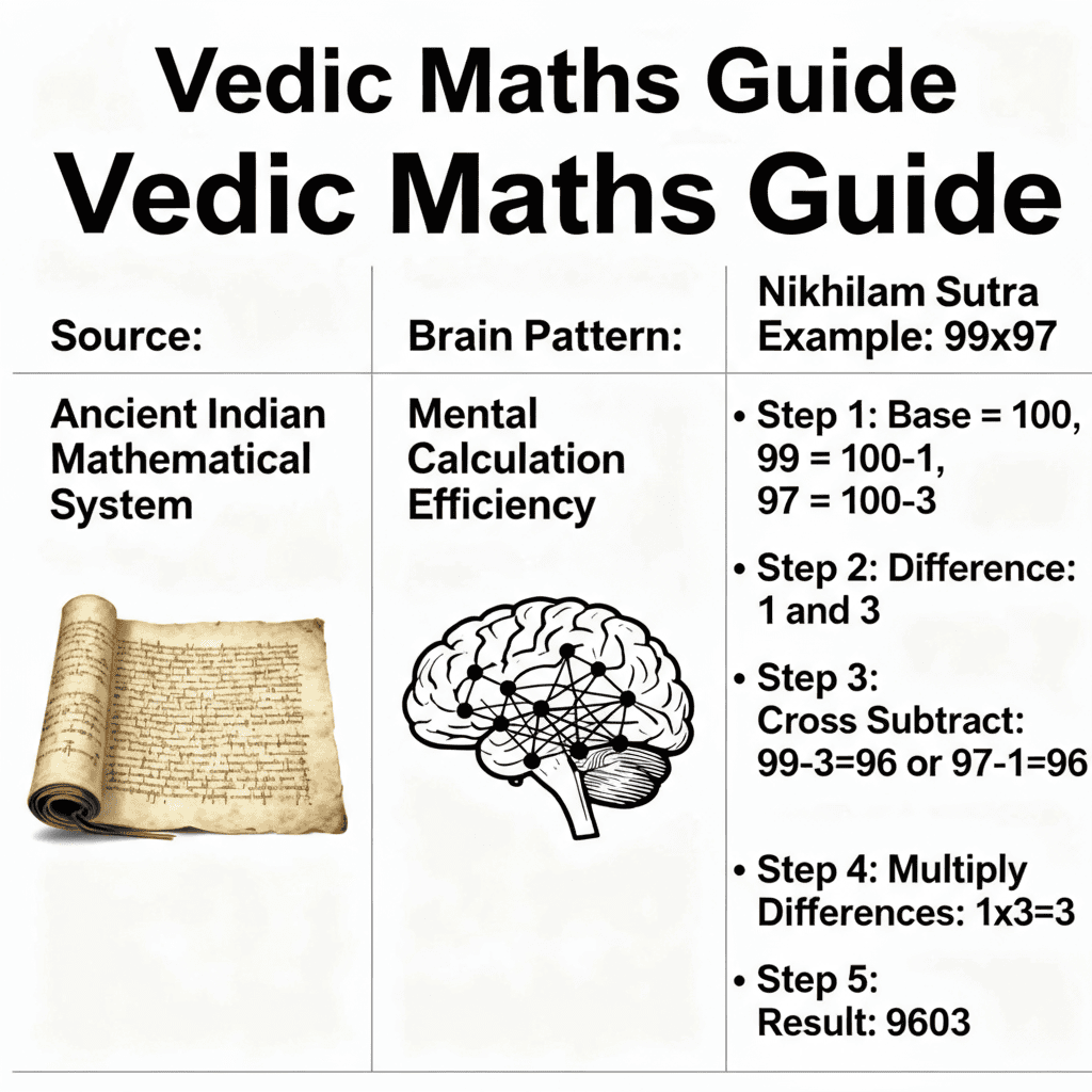 Infographic on what is Vedic Maths: ancient Indian system, Nikhilam Sutra for 99x97, patterns boost math skills