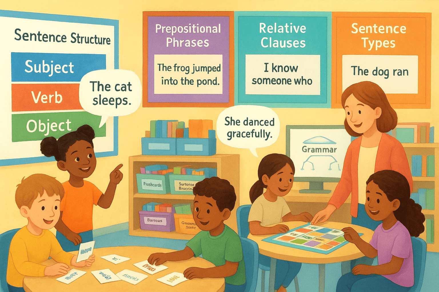 Young learners practicing english grammar concepts like sentence structure and verb conjugations