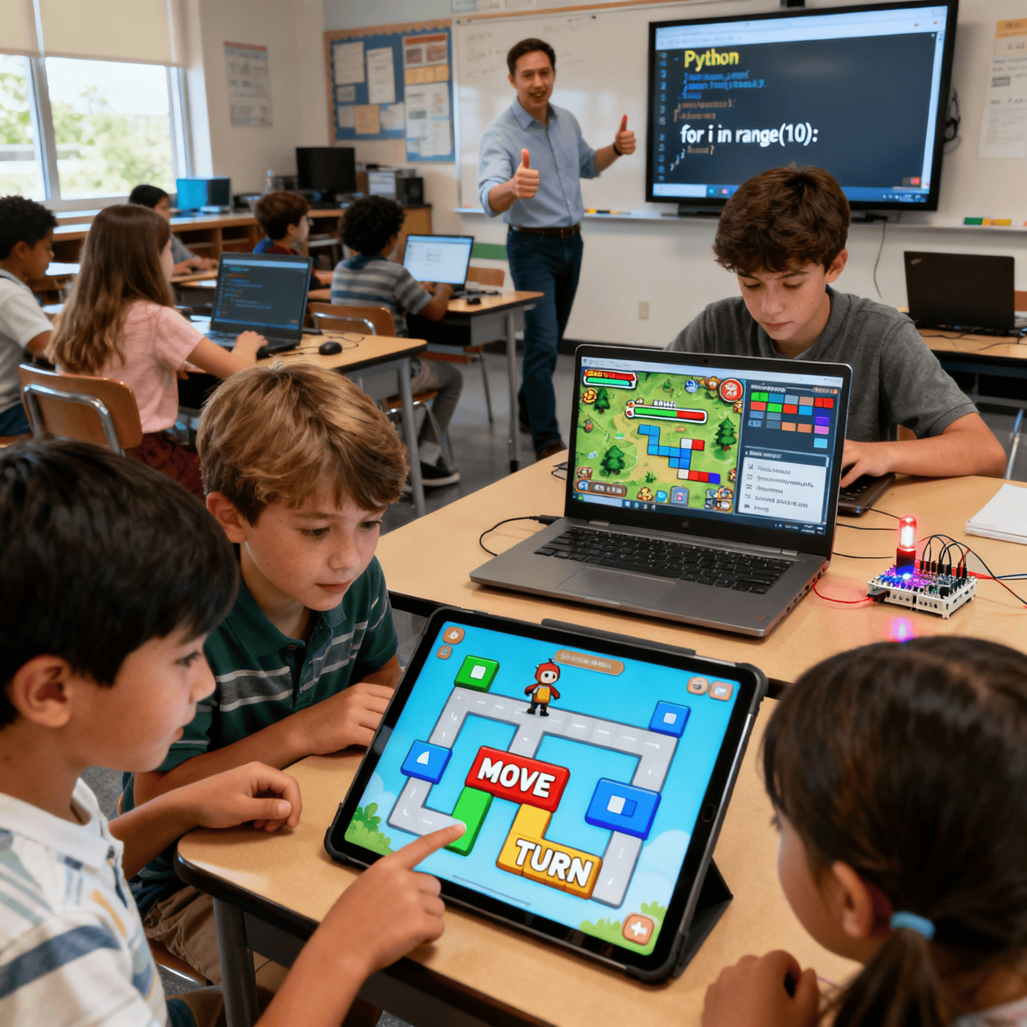 Students practice problem solving and creativity using a touchscreen table and blocks