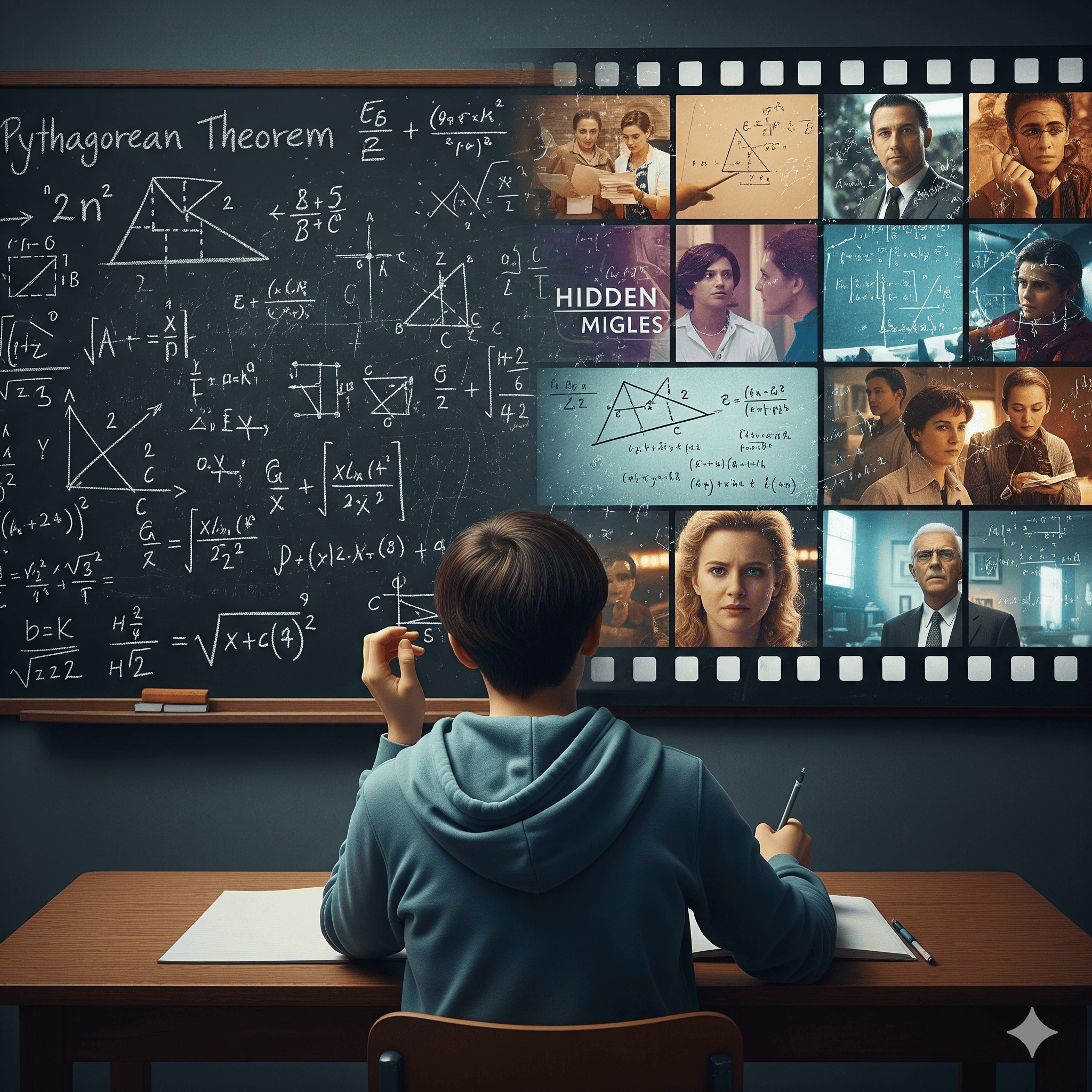 Older students study Pythagoras while films like Hidden Figures connect math to history, culture, and truth