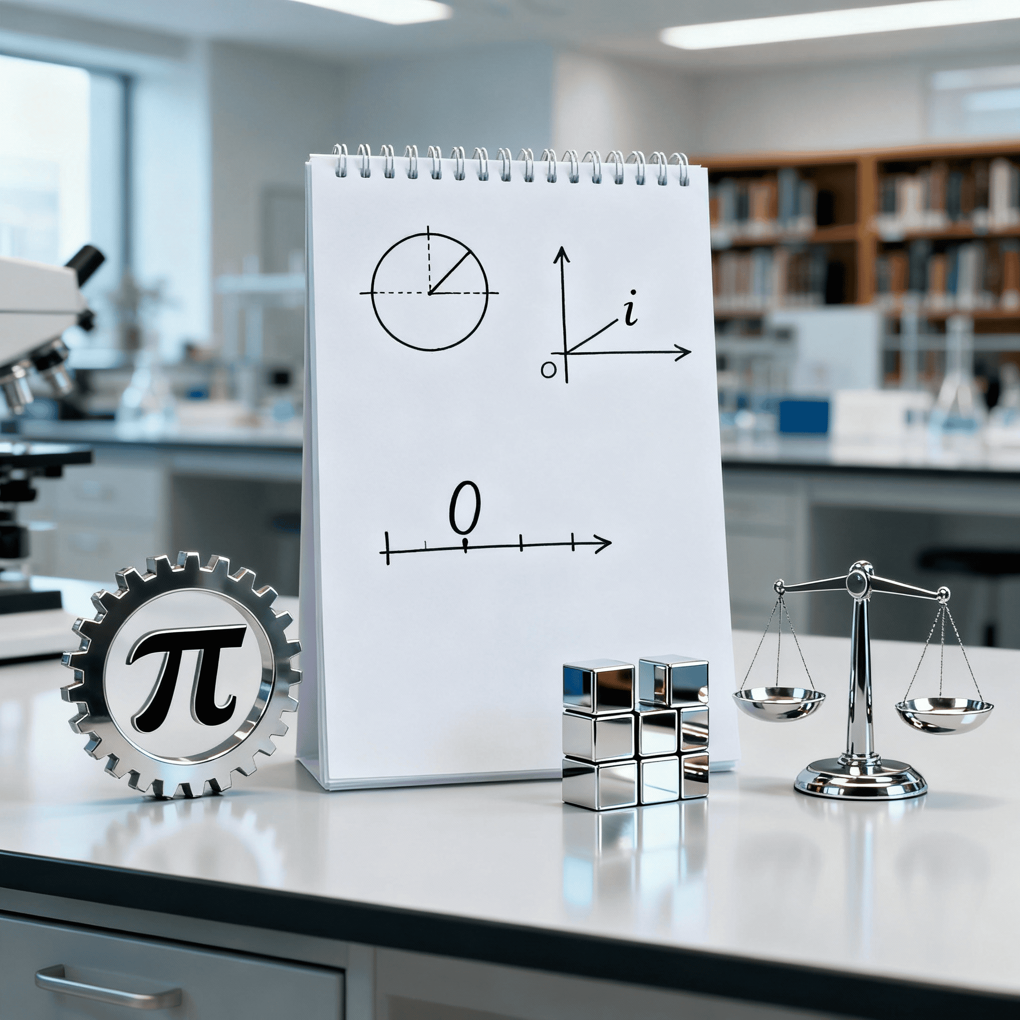 Laboratory desk with notebook showing unit circle, imaginary unit. Key mathematical objects, basic symbols