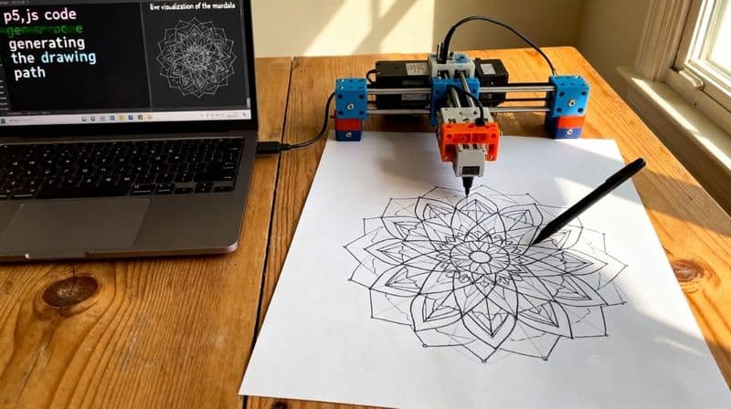 laptop with  p5 js code, LEGO plotter draws generative art mandala