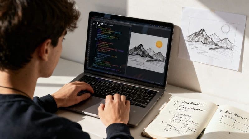 Student codes creative process with p5 js landscape, hand sketch, and notes