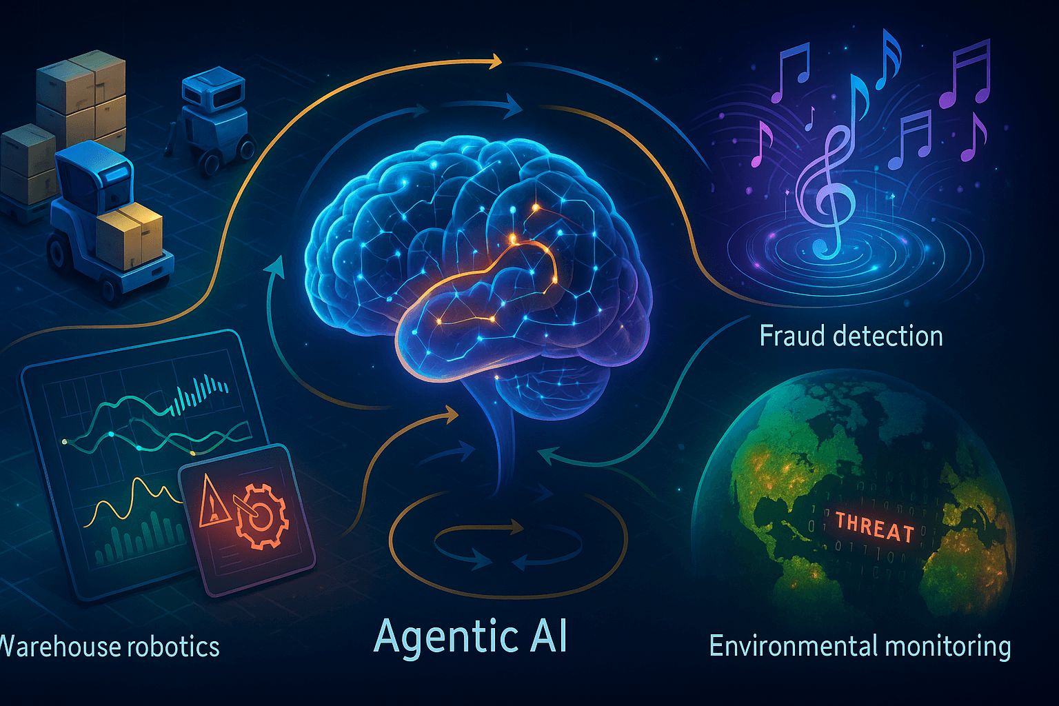 Real world applications of Agentic AI lik faud detection, warehouse robotics