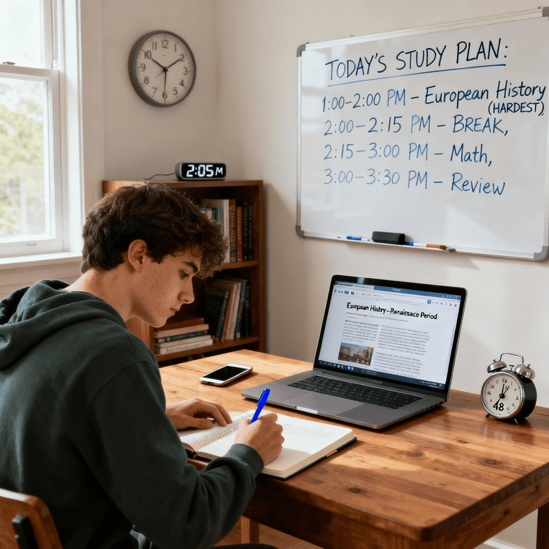 Teen follows schedule in focused study session, achieving academic goals through note taking and self motivation