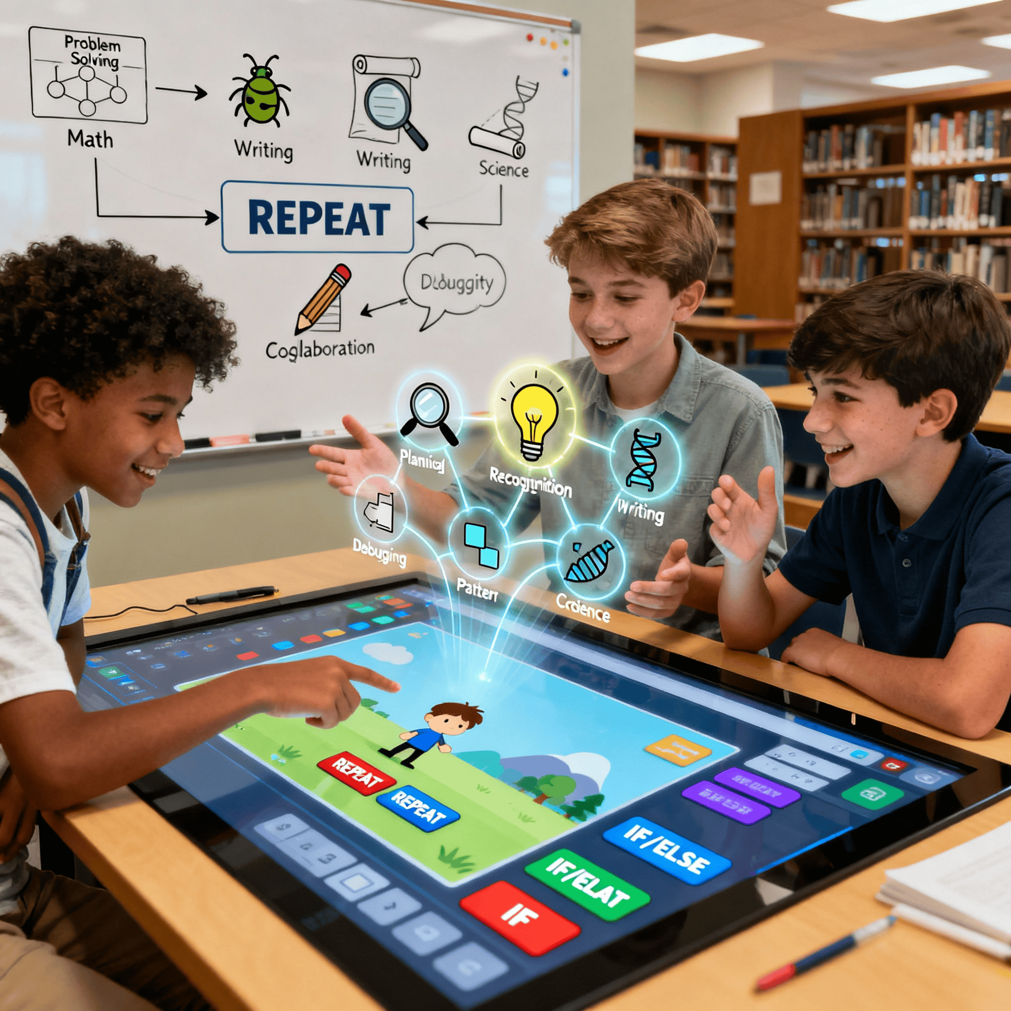 Two students pointing at Python code and blocks on a screen. Learning coding is fun
