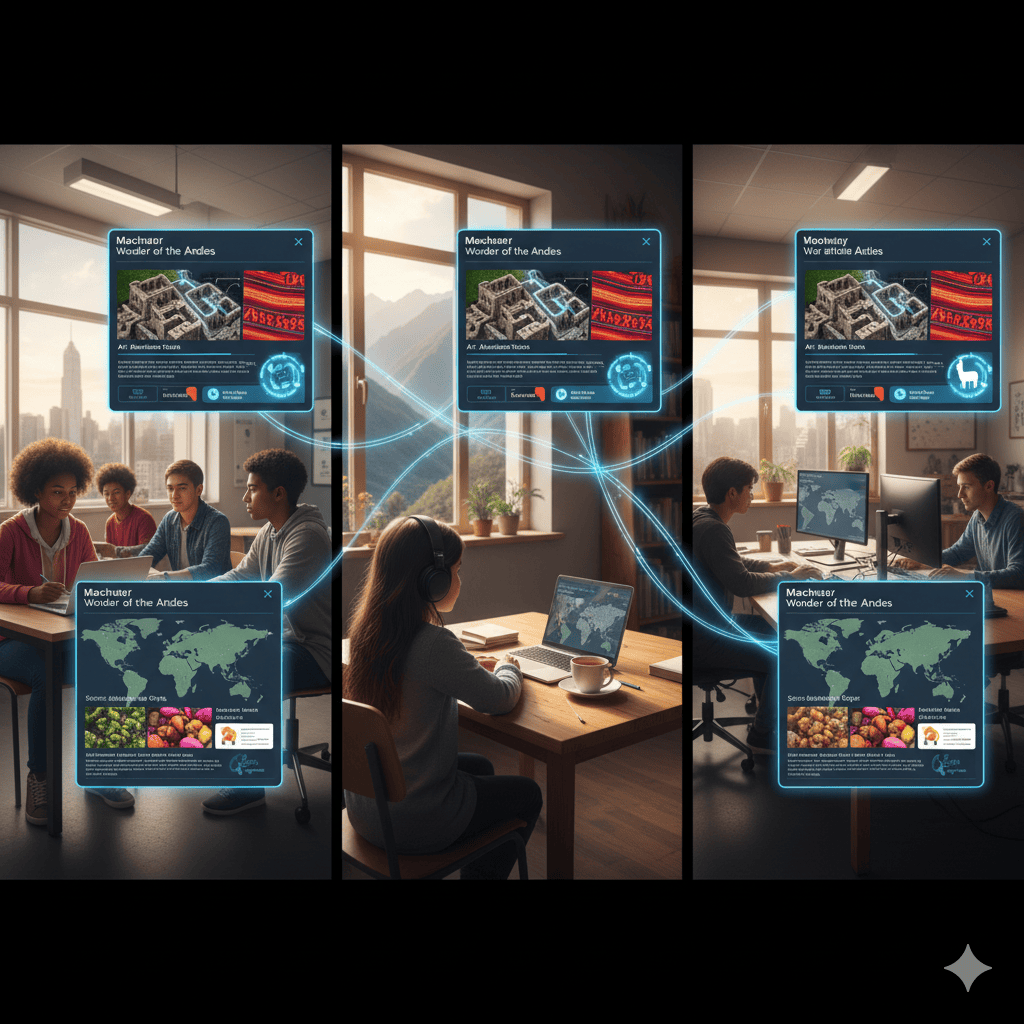 Students in a classroom, using technology and tools to explore global cultures, knowledge and art