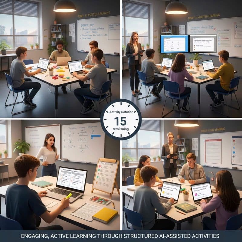 Middle school students rotate through AI games and lesson plans that teach coding, critical thinking, and how AI works in real world applications