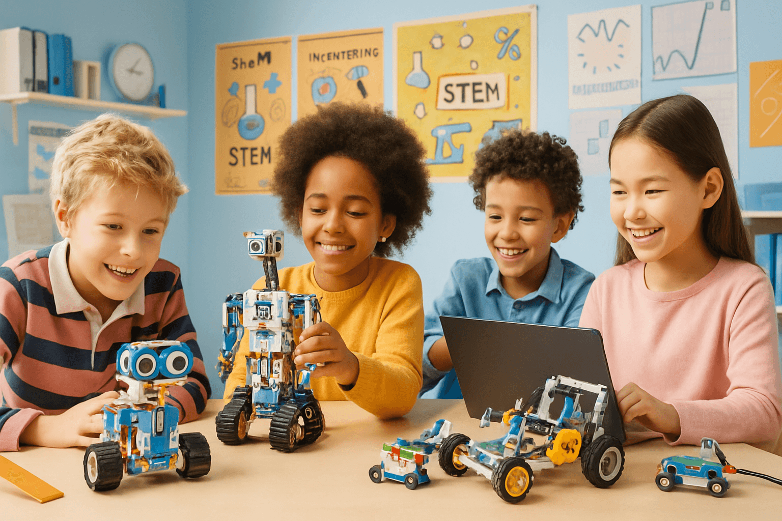 Kids building robots using sensors and laptops in a hands-on robotics class focused on real world applications