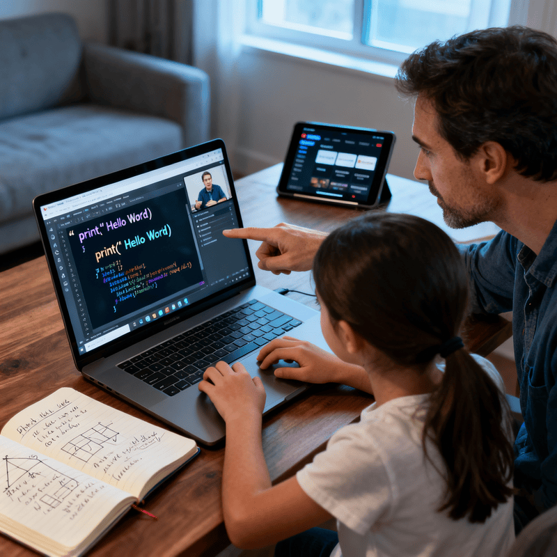 Father and daughter in active online learning, building self discipline and time management in online environment