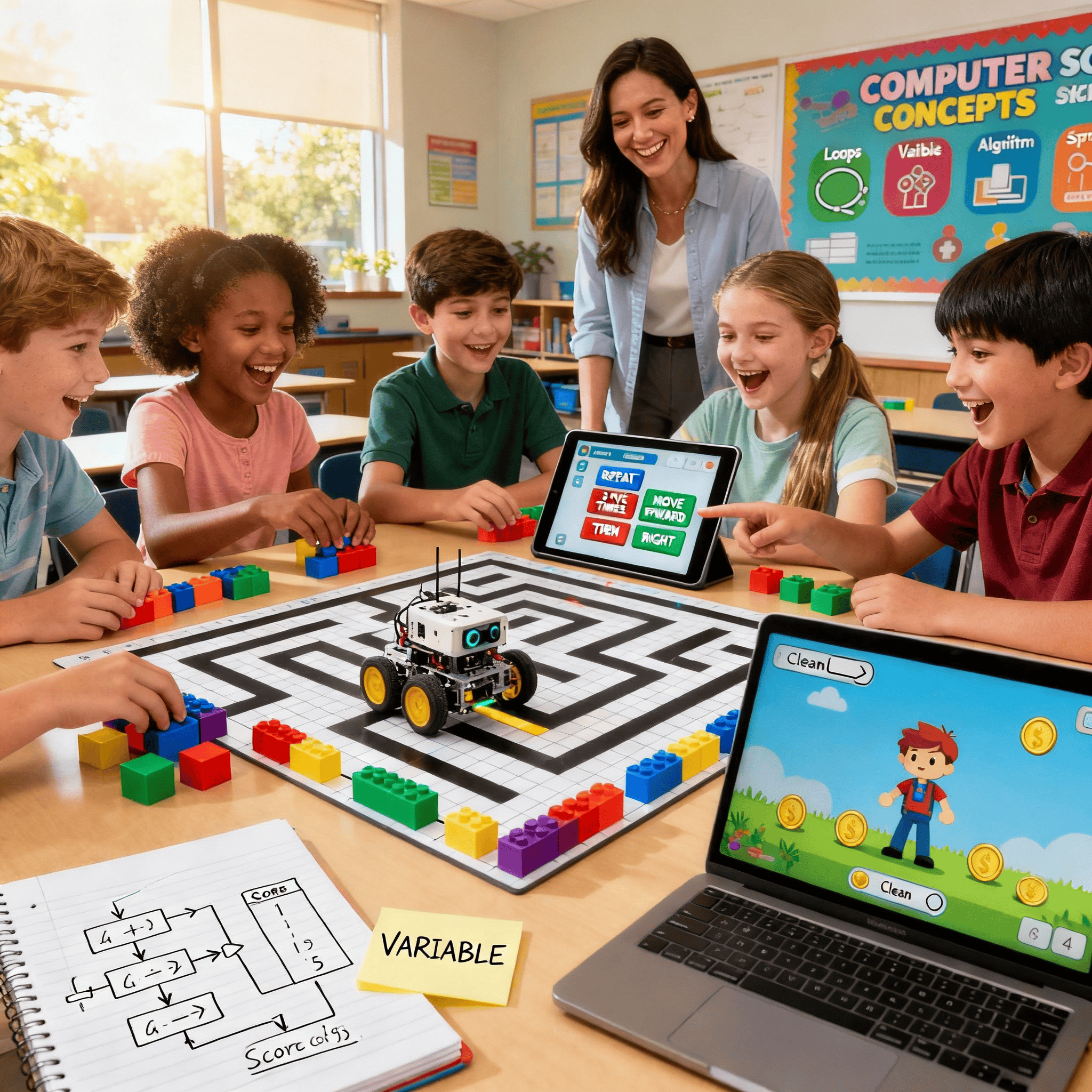 Students explore coding games and computer science by building mazes, using blocks, robots, and Python tools