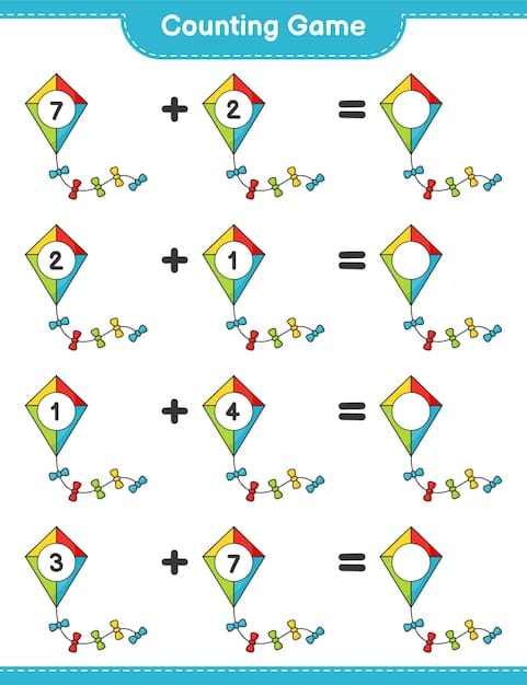 Count and match, count the number of Kite and match with the right numbers. Educational children game, printable worksheet, vector illustration