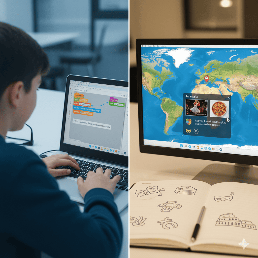 Students in a classroom and a remote learner connect, using technology to learn about global cultures