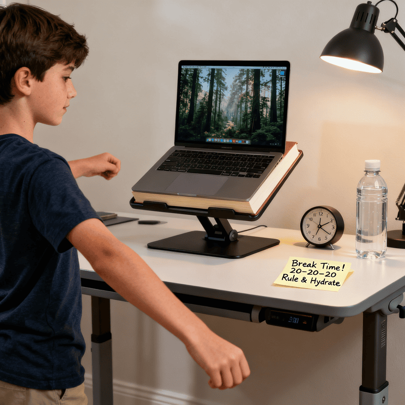Teenager stretches during break in ergonomic setup, applying tips for limiting screen time for kids in online learning
