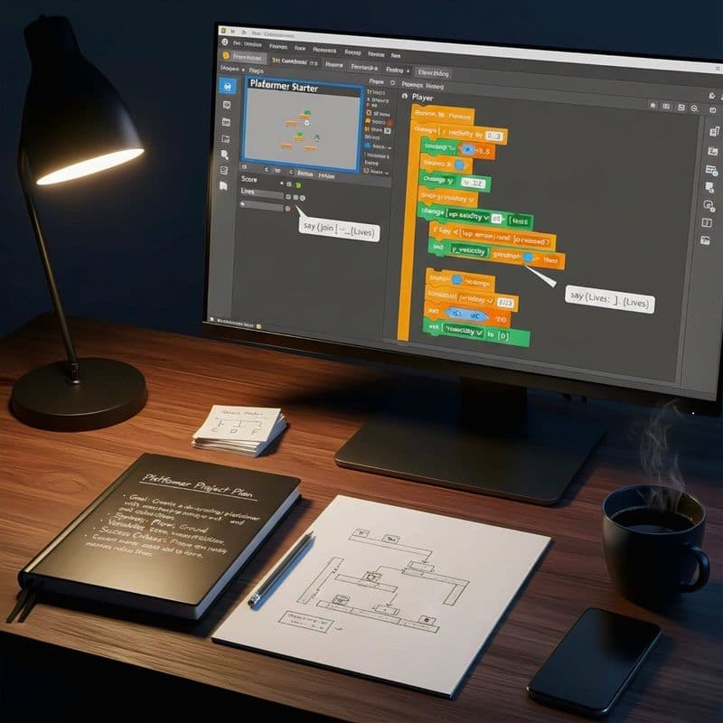 Scratch game workspace: platformer code blocks, concepts, project plan and clear logic