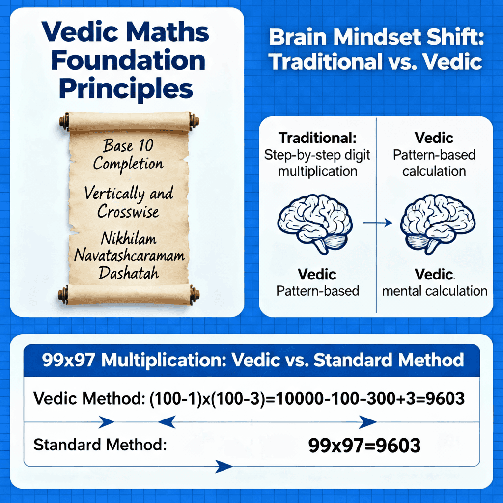 Three-panel Vedic mathematics: sutras foundation, patterns vs memorization, 99x97 multiplication trick for kids' confidence