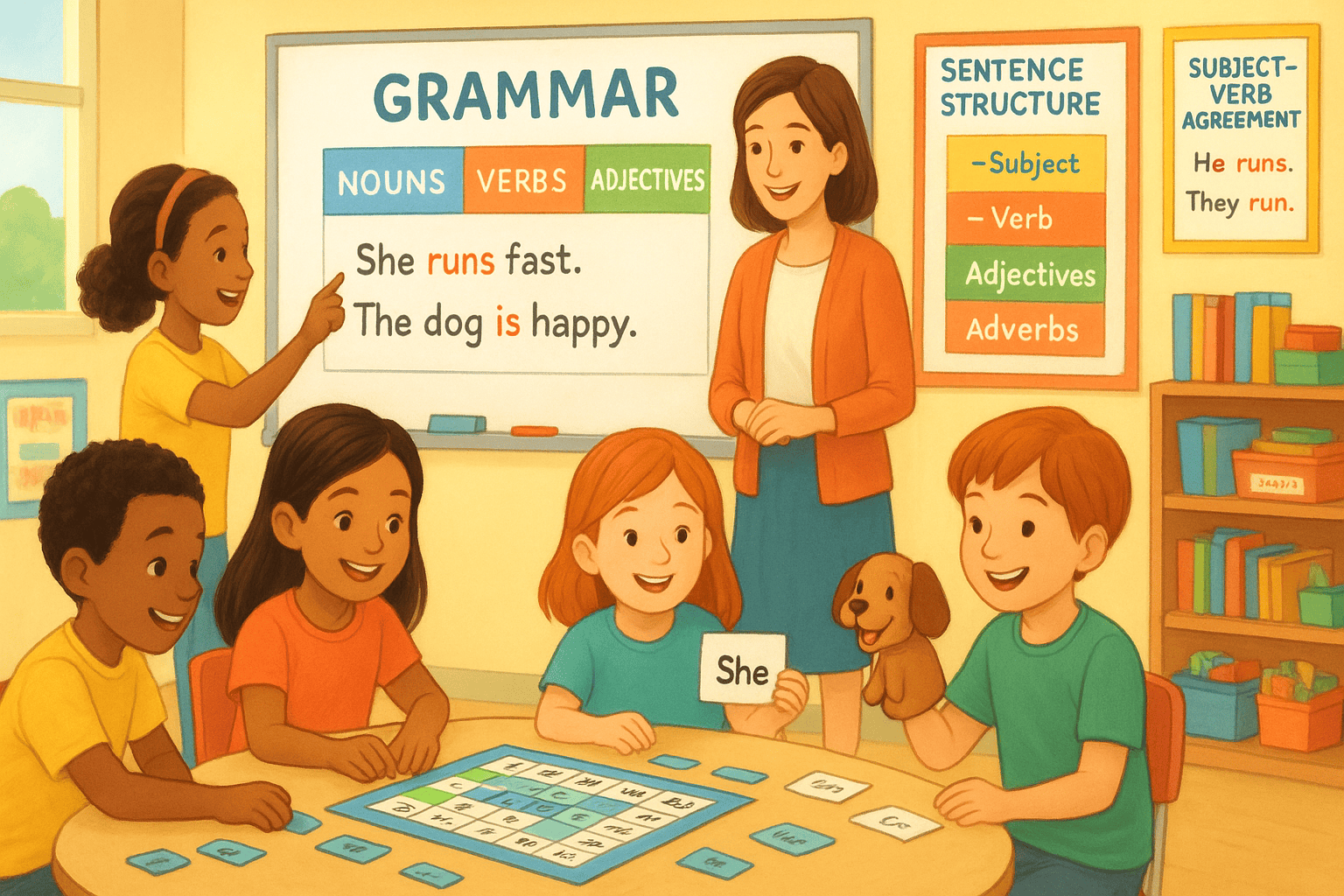Children learning grammar through writing with teacher guiding english grammar skills and rules