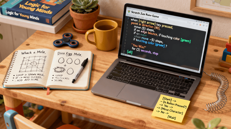 Young coder's desk with Scratch maze game, logic, and project plans